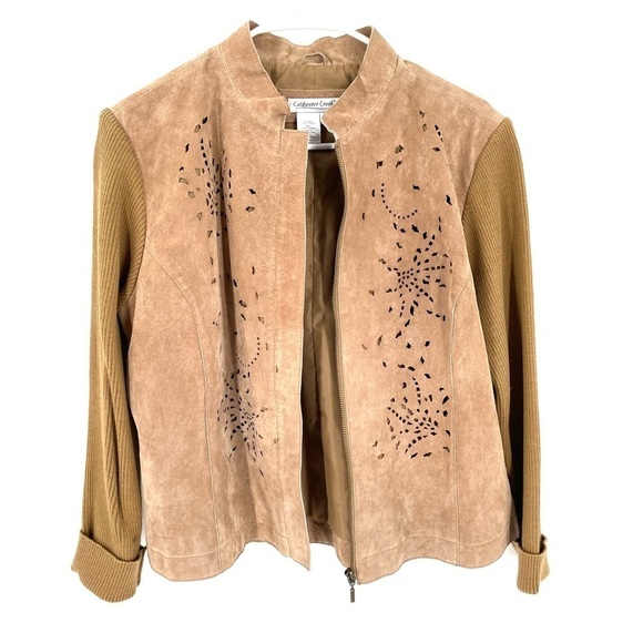 Coldwater Creek Leather Tan Heavy Sweater Western Laser Cut Design Jacket - Picture 1 of 4